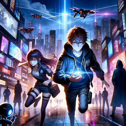 In the neon-lit, cyberpunk landscape of Shin-Tokyo, Kai, a determined young programmer, holds a glowing device key to the city's fate, beside Mika, a fierce resistance fighter ready for combat. They navigate the bustling, skyscraper-filled night, evading shadowy threats and drones in a high-stakes quest for freedom. The scene captures a moment of action and alliance against a backdrop that blurs technology with reality.