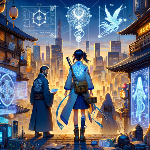 In the futuristic Neo-Kyoto of 2235, Aya stands with Kaito, ready for battle against dark forces, under a sky where digital and mystical realms merge. Surrounded by ancient symbols and cutting-edge technology, they embody the fusion of magic and modernity. The scene captures their moment of determination, highlighting a world where past and future collide in the fight for humanity.