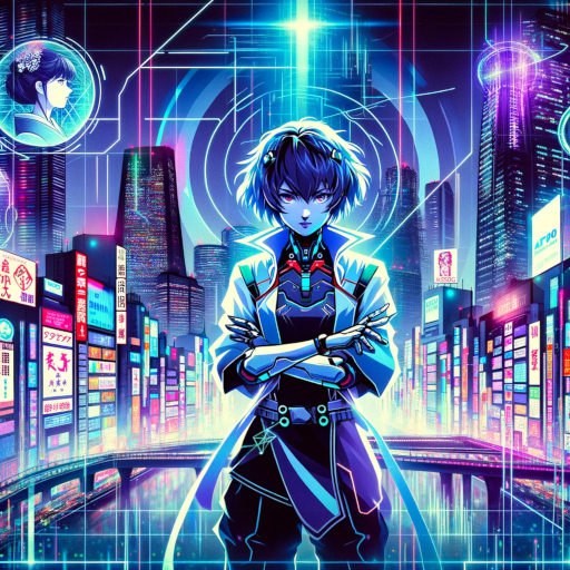 Rei, "The Shadow Weaver," set against the vibrant, neon-lit skyline of Osaka in 2075.
