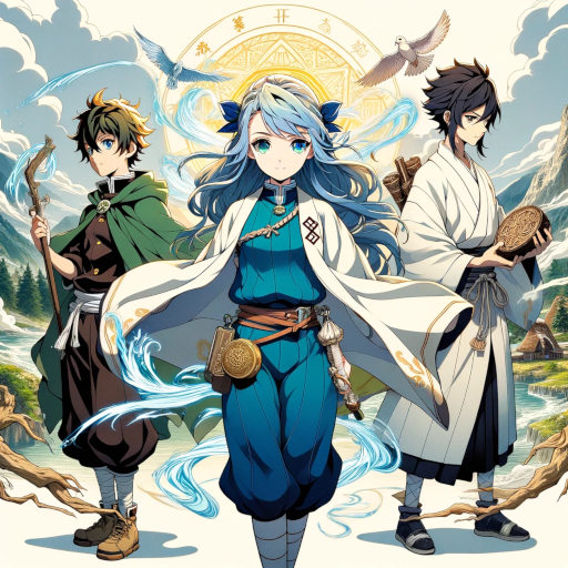 anime-style graphic capturing a pivotal moment from "The Whispering Winds: A Tale of Forgotten Magic," featuring Aiko, Ren, and Kaito against the backdrop of a revitalized land.