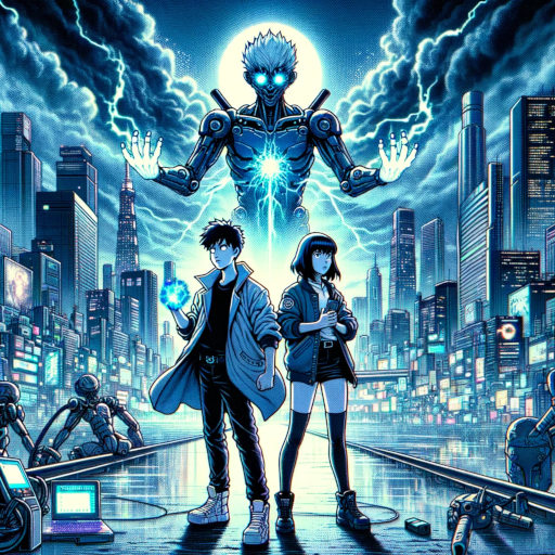 Akira and Luna standing against the backdrop of a digitized Neo-Tokyo, facing the looming entity of Oblivion. Akira is in the forefront, his hands radiating with the power to manipulate the digital realm, while Luna, equipped with her hacking tools, stands ready by his side. The city behind them is a blend of the highest technological advancements and the stark, shadowy divides, illustrating the stark contrasts of their world. Oblivion looms over the city, a visual manifestation of chaos and erasure, threatening the very fabric of reality. This image captures the climax of their journey, symbolizing their bravery and the unity among their diverse group.