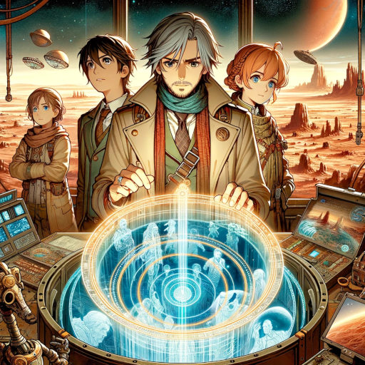 Anime-style graphic capturing Elias and his companions at the pivotal moment of discovering the Chronosphere within the Valles Archive on Mars. Their united quest for truth against the backdrop of Martian history and the ruins symbolizes their journey through time and the uncovering of secrets that have shaped Martian society.