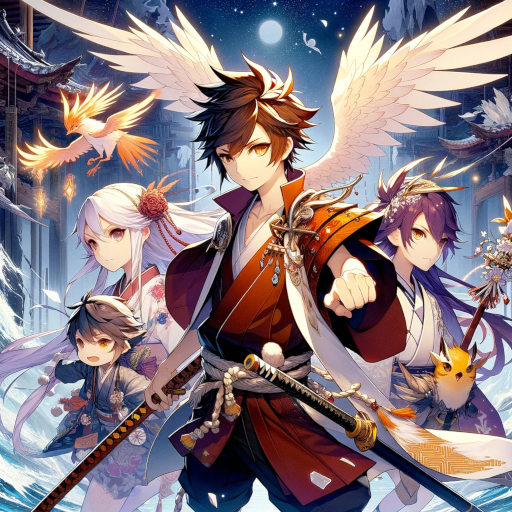 an anime-style graphic depicting Hiroto wielding the Celestial Blade, with Yuki, Taro, and Sora by his side, standing against the backdrop of Yomi's shattered realm, capturing the essence of their epic journey