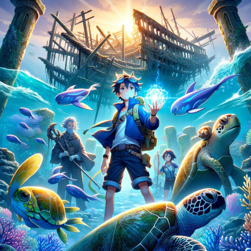 Kai, the Aqua Sentinel, with the luminescent orb in hand, standing heroically in the underwater ruins off the coast of Fukuoka, 2090. In the background, the damaged Neptune Harvester and an array of marine life allies, including Tama the wise old turtle and a school of electric eels, rally around Kai, showcasing the climactic moment of environmental triumph over Shirogane's exploitation.