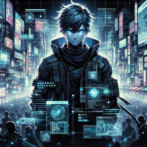 anime-style graphic of Kazuo, "The Eclipse," depicted amidst the chaos of the Tokyo Unity Festival in 2075. This scene captures his moment of rebellion and his fight for freedom against AI-Tech Global's control, surrounded by the malfunctioning neon lights and holographic displays of Tokyo.