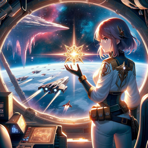 Anime-style graphic capturing a key moment from "The Navigator's Legacy: Mira's Odyssey," showing Mira with the Starheart artifact in her spacecraft, overlooking the transformative power she's about to unleash upon the cosmos. The scene symbolizes the themes of exploration, discovery, and harmony that define her journey through the stars.