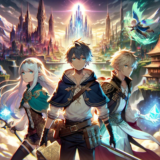 anime-style graphic capturing the climax of "Echoes of the Forgotten Realm," with Rowan, Lyra, and Thorne in the mythical city of Lyrath, awakening the guardians of Eldoria. Their unity and determination shine as they push back the consuming shadows, bringing hope to the realm