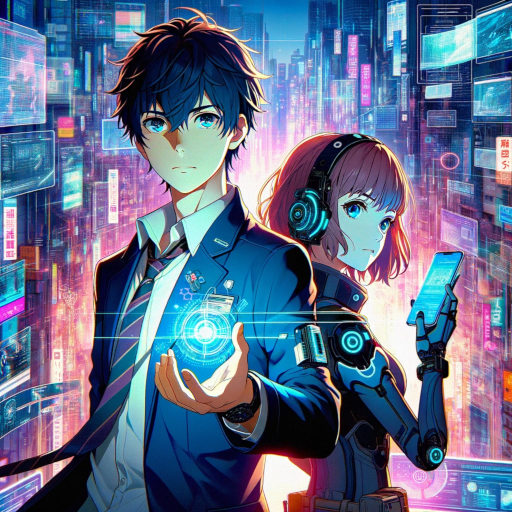 Ryo and Hikari, depicted amidst the digital chaos of Neo-Osaka in 2080. This scene captures their confrontation with "Pandemonium," highlighting their courage and the crucial moment of their battle to protect the harmony between humanity and AI.
